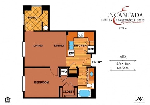 Floor plan for 1 bed, 1 bath, 762 sqft